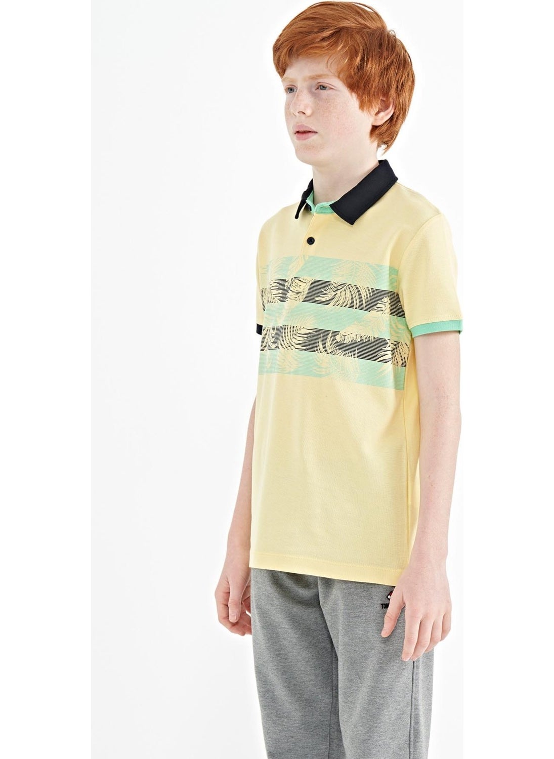 Yellow Print Detailed Standard Size Polo Collar Boy T-Shirt - 11101