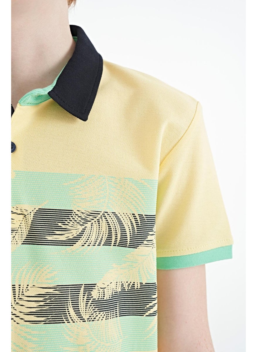 Yellow Print Detailed Standard Size Polo Collar Boy T-Shirt - 11101