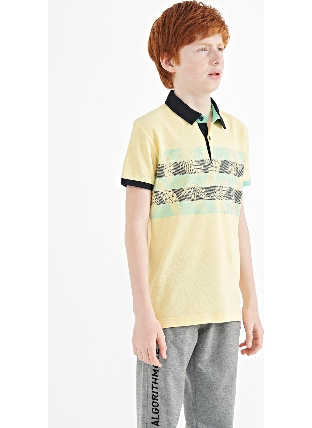 Yellow Print Detailed Standard Size Polo Collar Boy T-Shirt - 11101