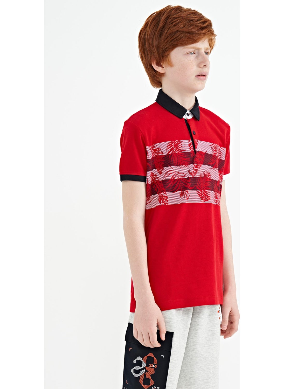 Red Print Detailed Standard Size Polo Collar Boy T-Shirt - 11101