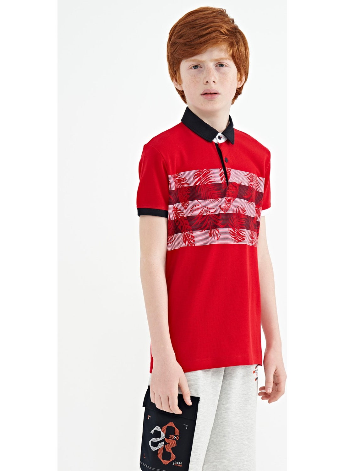 Red Print Detailed Standard Size Polo Collar Boy T-Shirt - 11101