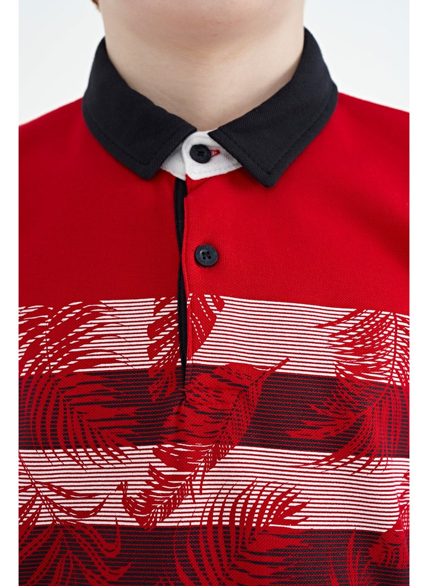 Red Print Detailed Standard Size Polo Collar Boy T-Shirt - 11101