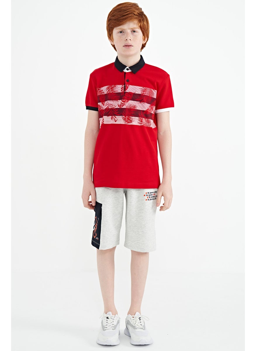 Red Print Detailed Standard Size Polo Collar Boy T-Shirt - 11101