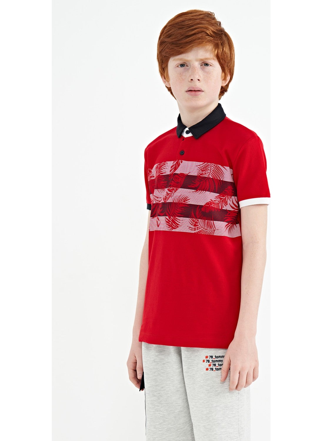 Red Print Detailed Standard Size Polo Collar Boy T-Shirt - 11101