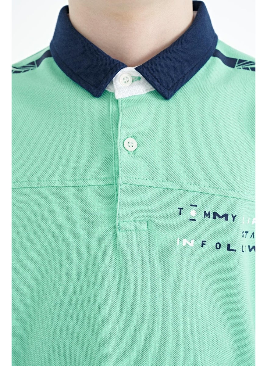 Water Green Print Detailed Standard Size Polo Collar Boy T-Shirt - 11140