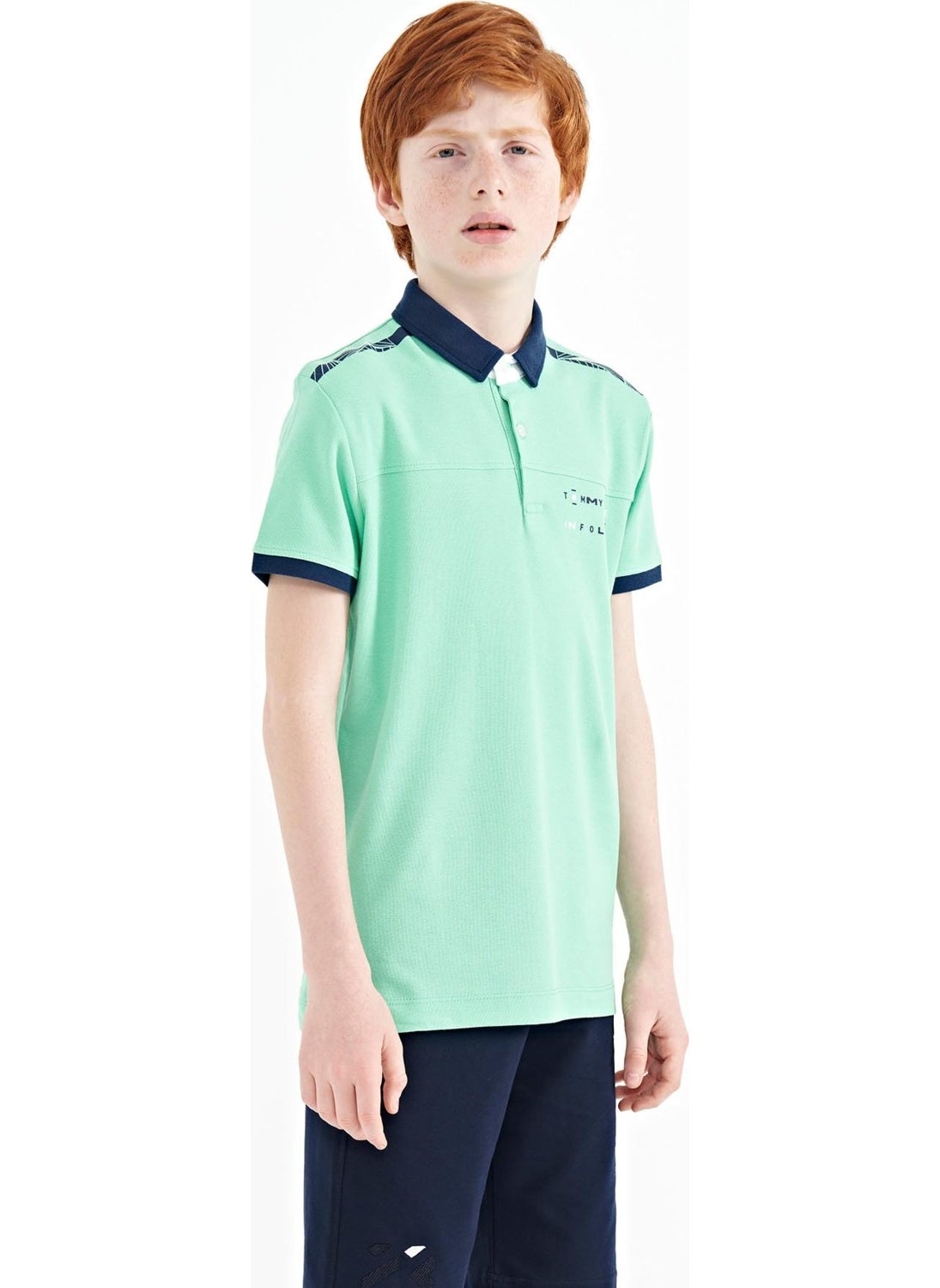 Water Green Print Detailed Standard Size Polo Collar Boy T-Shirt - 11140