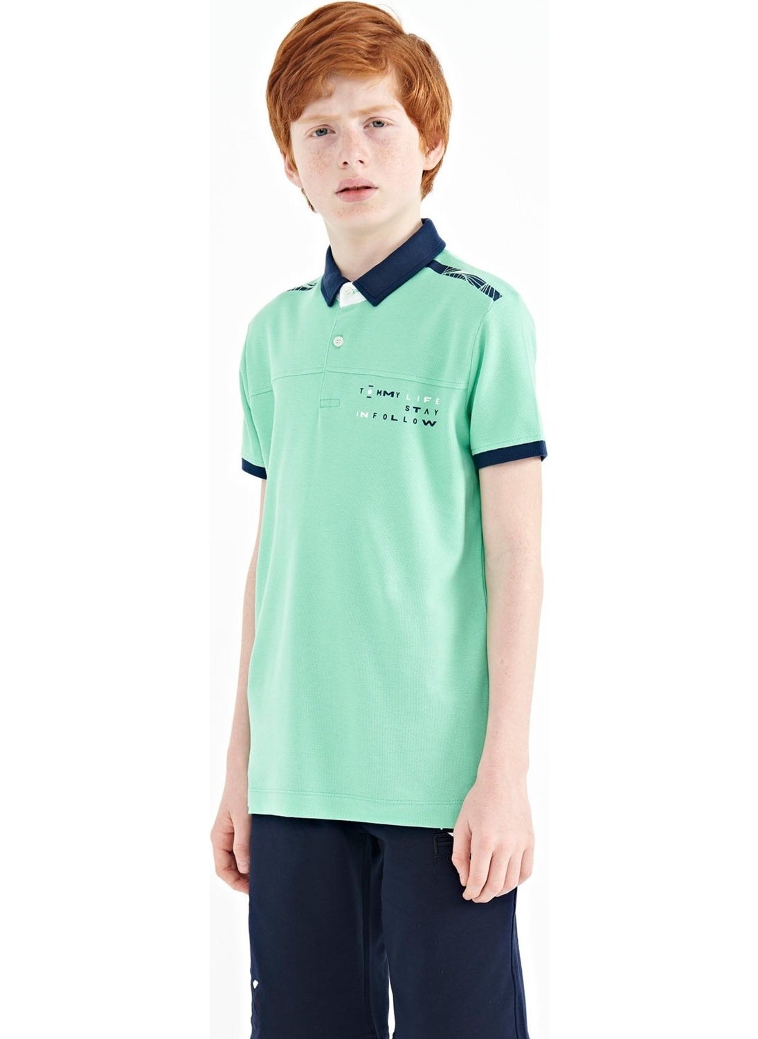 Water Green Print Detailed Standard Size Polo Collar Boy T-Shirt - 11140