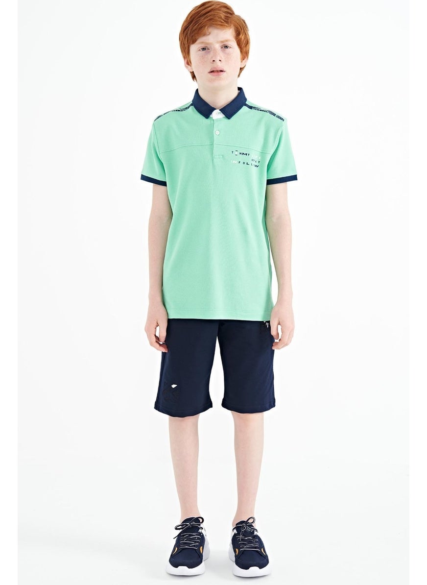Water Green Print Detailed Standard Size Polo Collar Boy T-Shirt - 11140