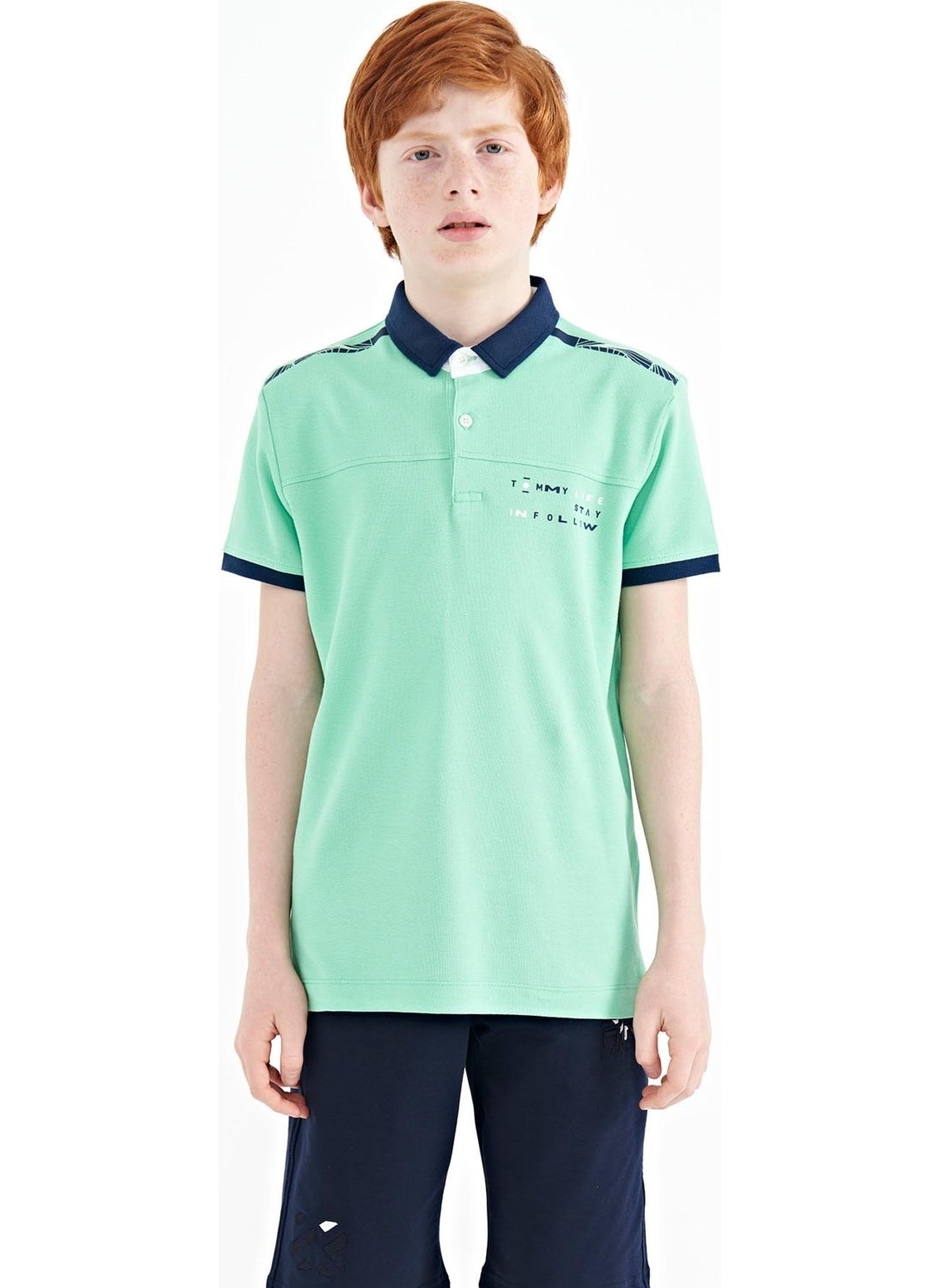 Water Green Print Detailed Standard Size Polo Collar Boy T-Shirt - 11140