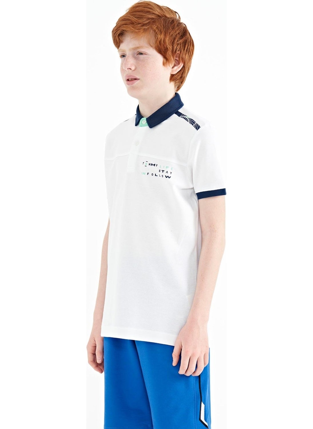White Print Detailed Standard Size Polo Collar Boy T-Shirt - 11140