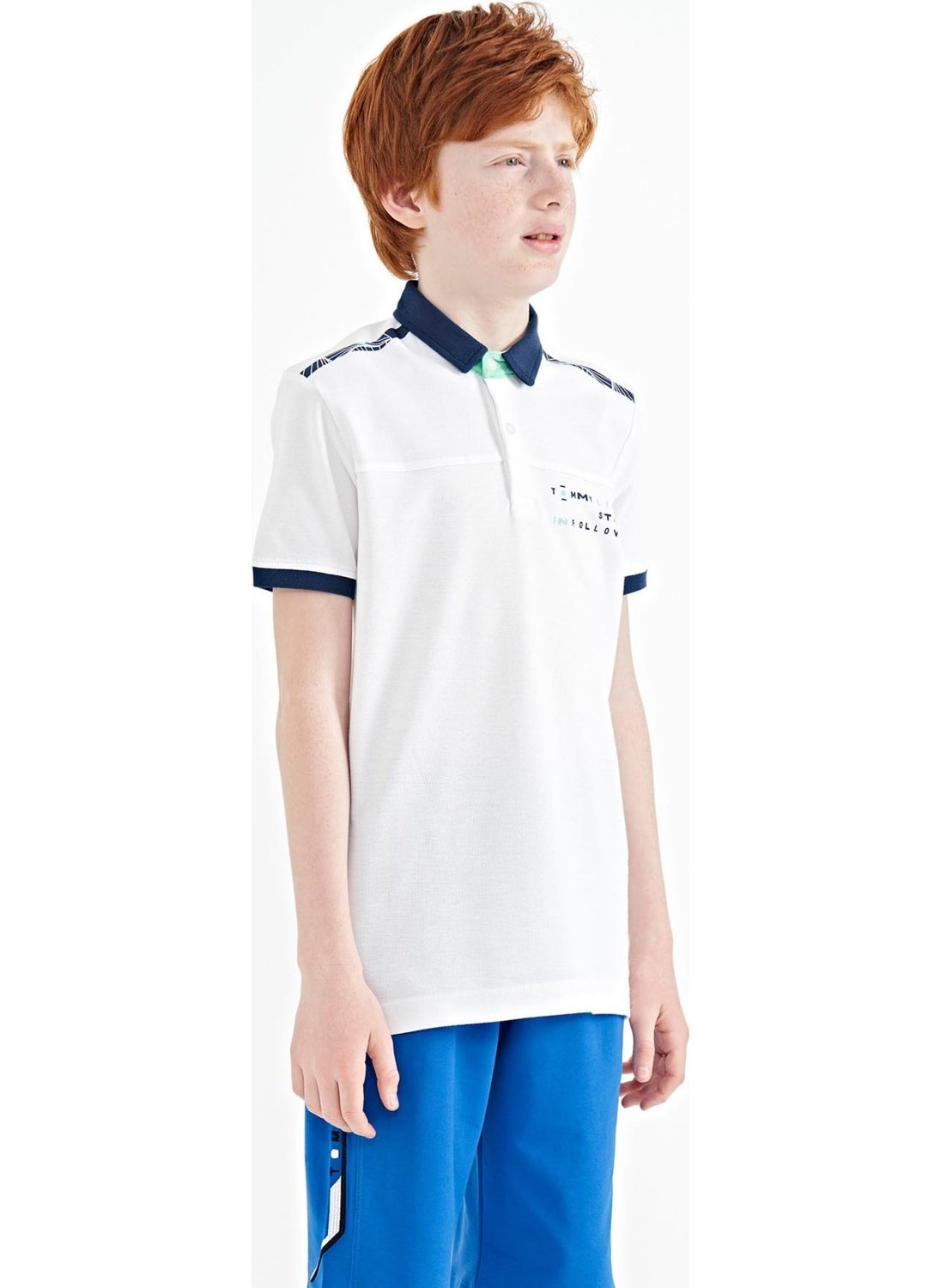 White Print Detailed Standard Size Polo Collar Boy T-Shirt - 11140
