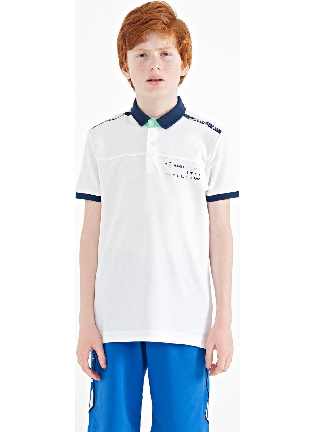 White Print Detailed Standard Size Polo Collar Boy T-Shirt - 11140