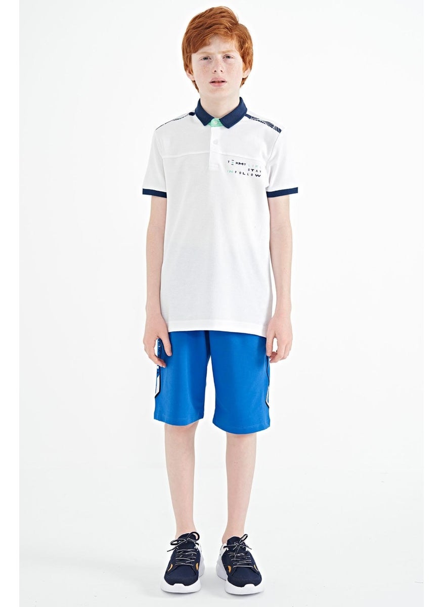 White Print Detailed Standard Size Polo Collar Boy T-Shirt - 11140