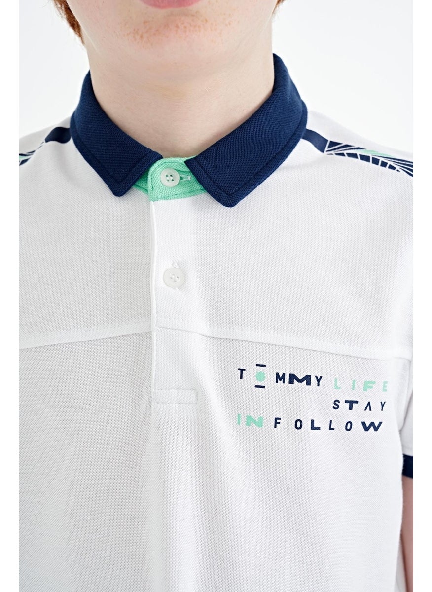 White Print Detailed Standard Size Polo Collar Boy T-Shirt - 11140