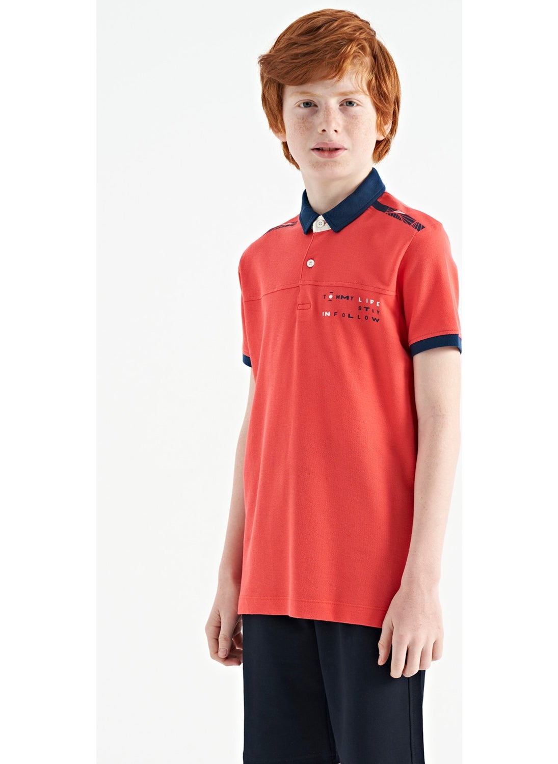 Coral Print Detailed Standard Pattern Polo Collar Boy T-Shirt - 11140