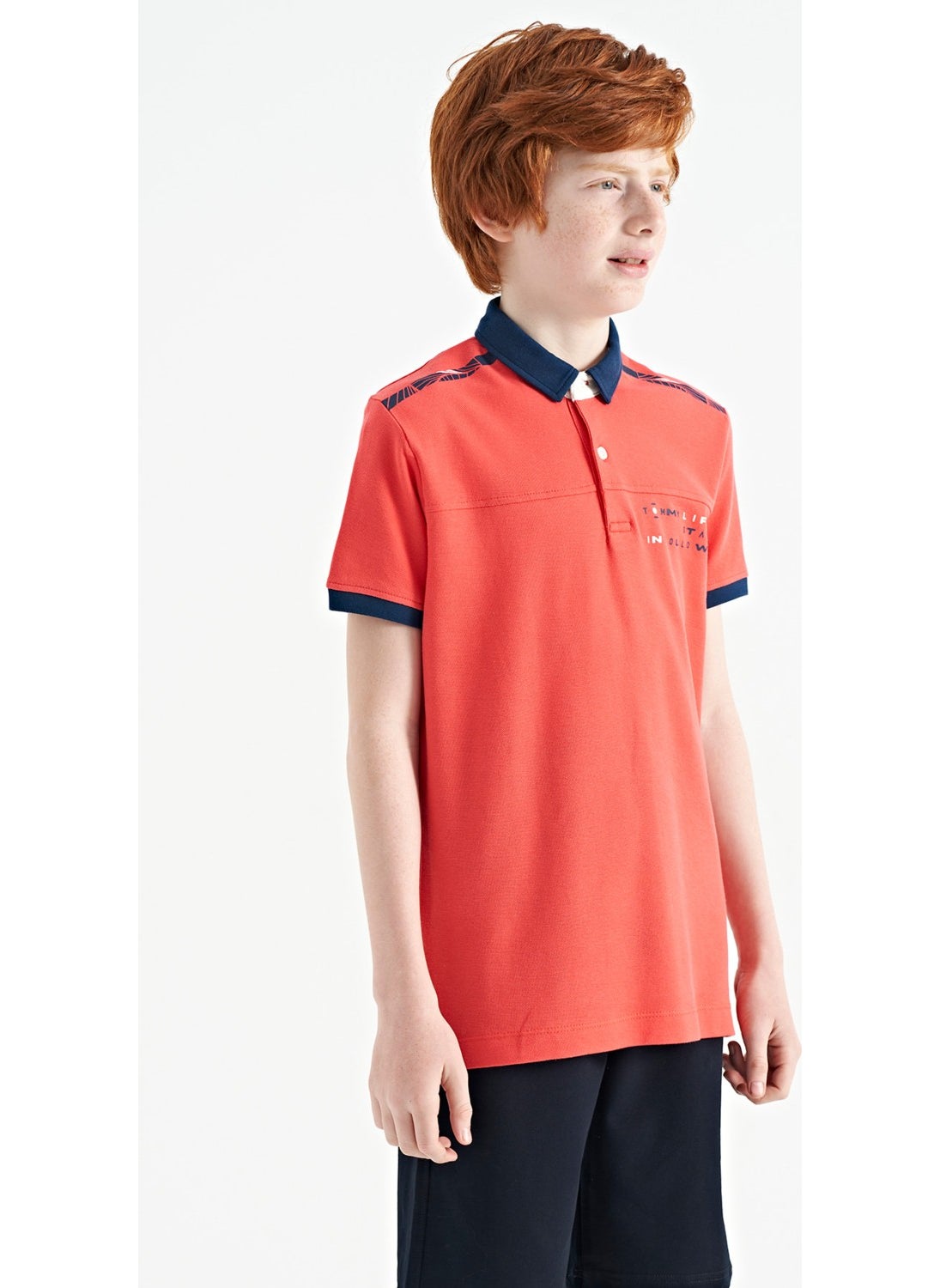Coral Print Detailed Standard Pattern Polo Collar Boy T-Shirt - 11140