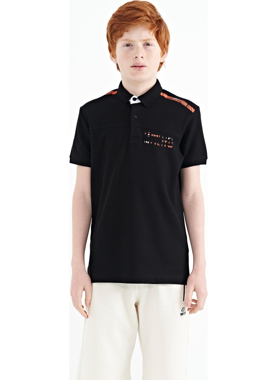 Black Printed Detailed Standard Size Polo Collar Boy T-Shirt - 11140