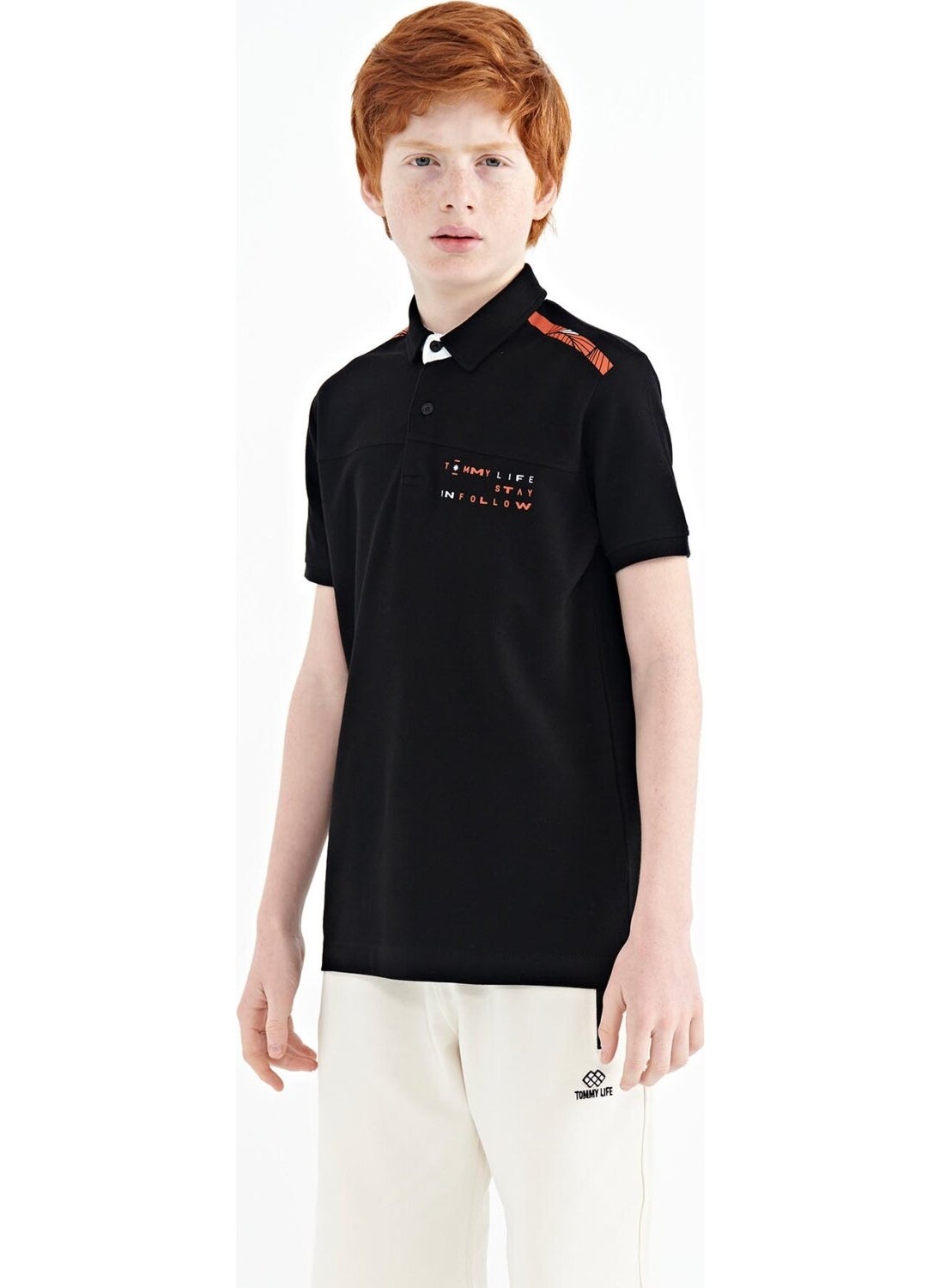 Black Printed Detailed Standard Size Polo Collar Boy T-Shirt - 11140
