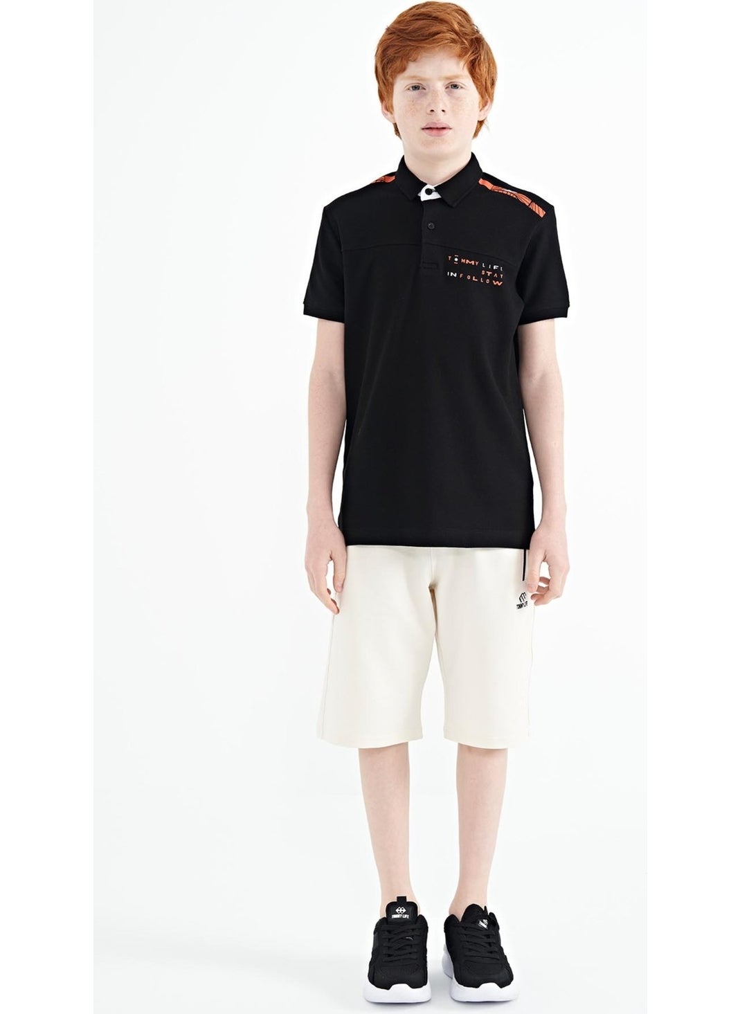 Black Printed Detailed Standard Size Polo Collar Boy T-Shirt - 11140