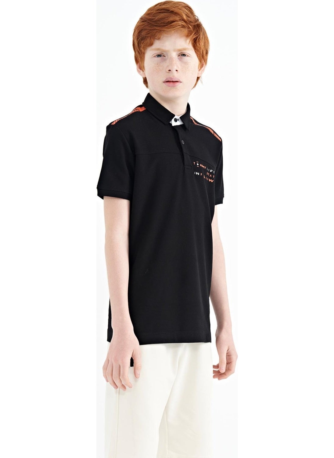 Black Printed Detailed Standard Size Polo Collar Boy T-Shirt - 11140