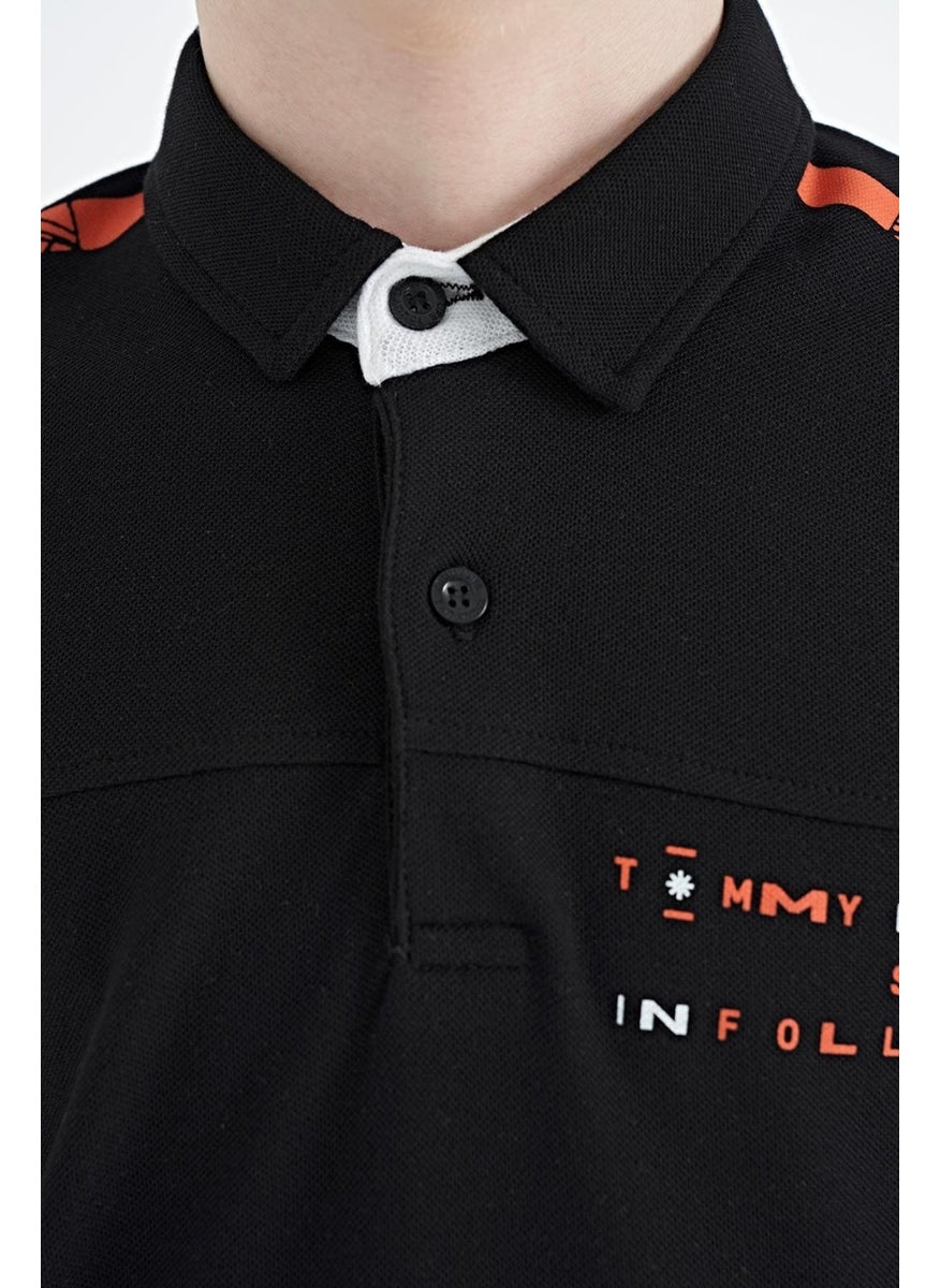 Black Printed Detailed Standard Size Polo Collar Boy T-Shirt - 11140