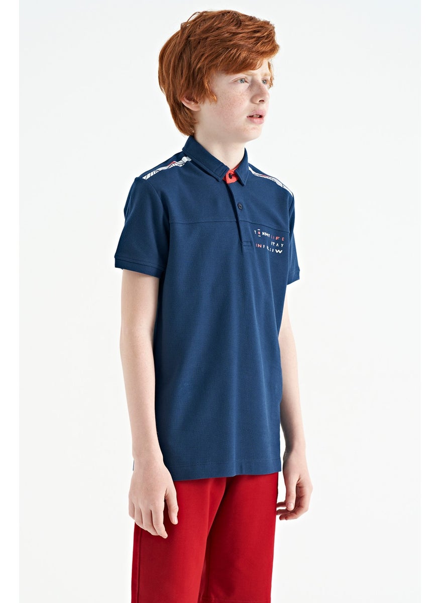 Indigo Print Detailed Standard Pattern Polo Collar Boy T-Shirt - 11140