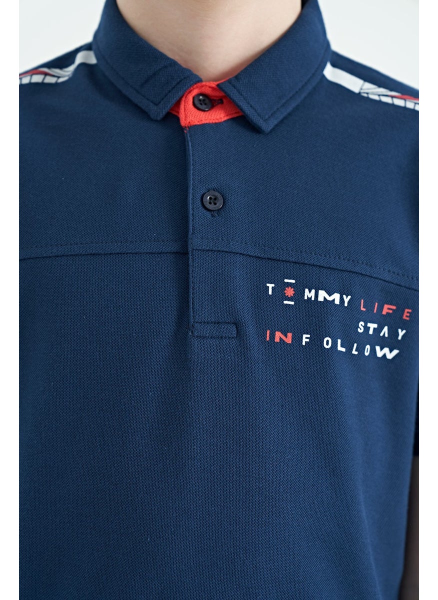 Indigo Print Detailed Standard Pattern Polo Collar Boy T-Shirt - 11140