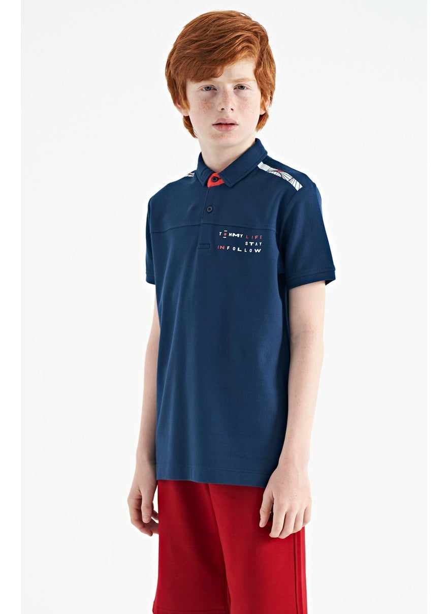 Indigo Print Detailed Standard Pattern Polo Collar Boy T-Shirt - 11140