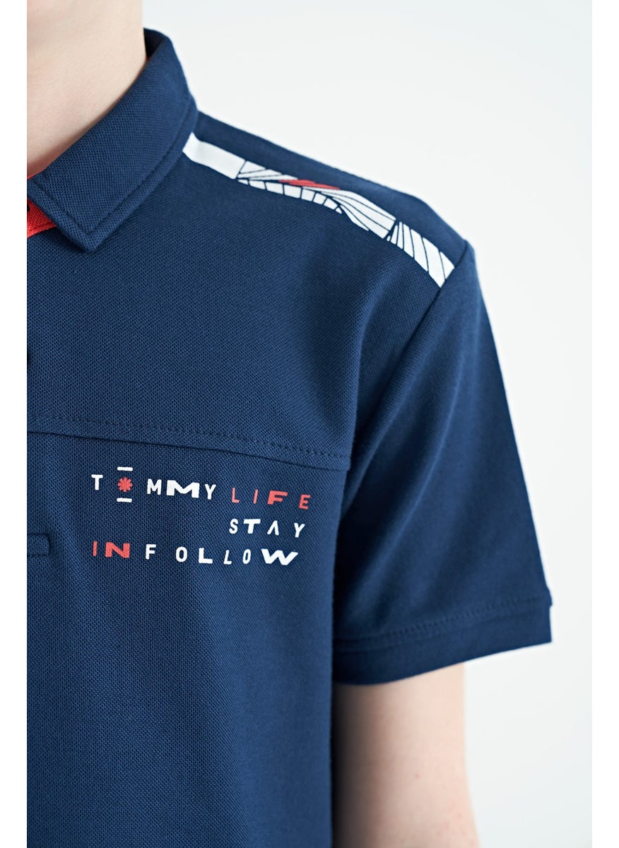 Indigo Print Detailed Standard Pattern Polo Collar Boy T-Shirt - 11140