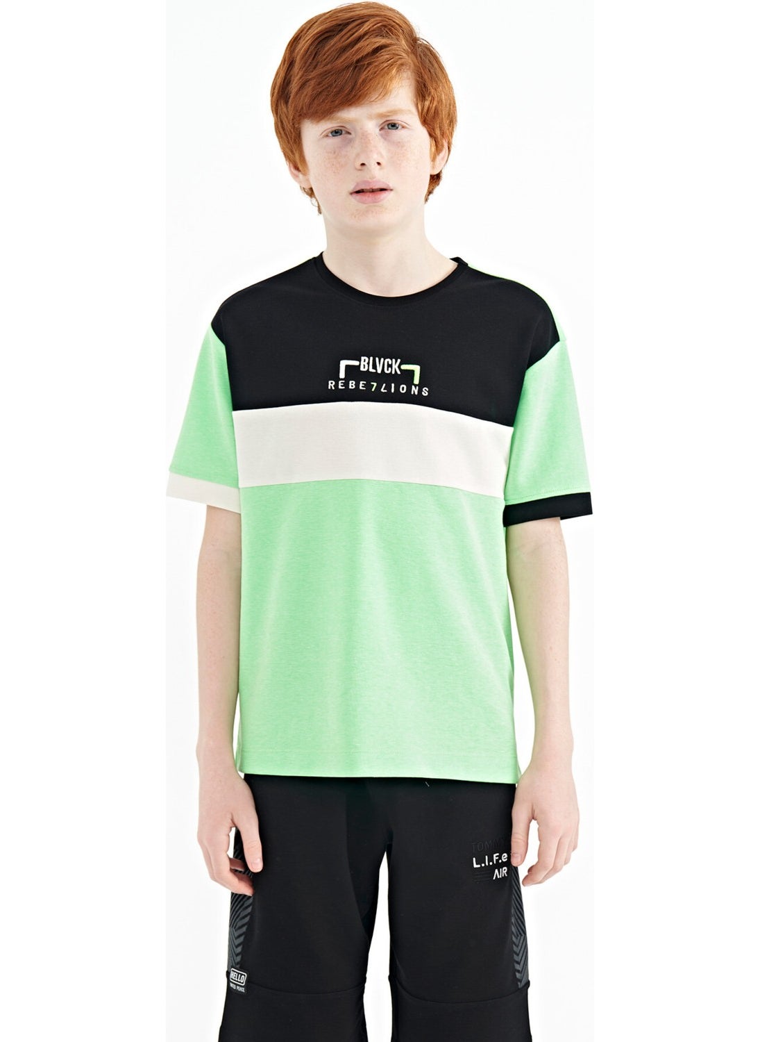 Neon Green Color Transitional Embroidered Oversize Boy T-Shirt 11159