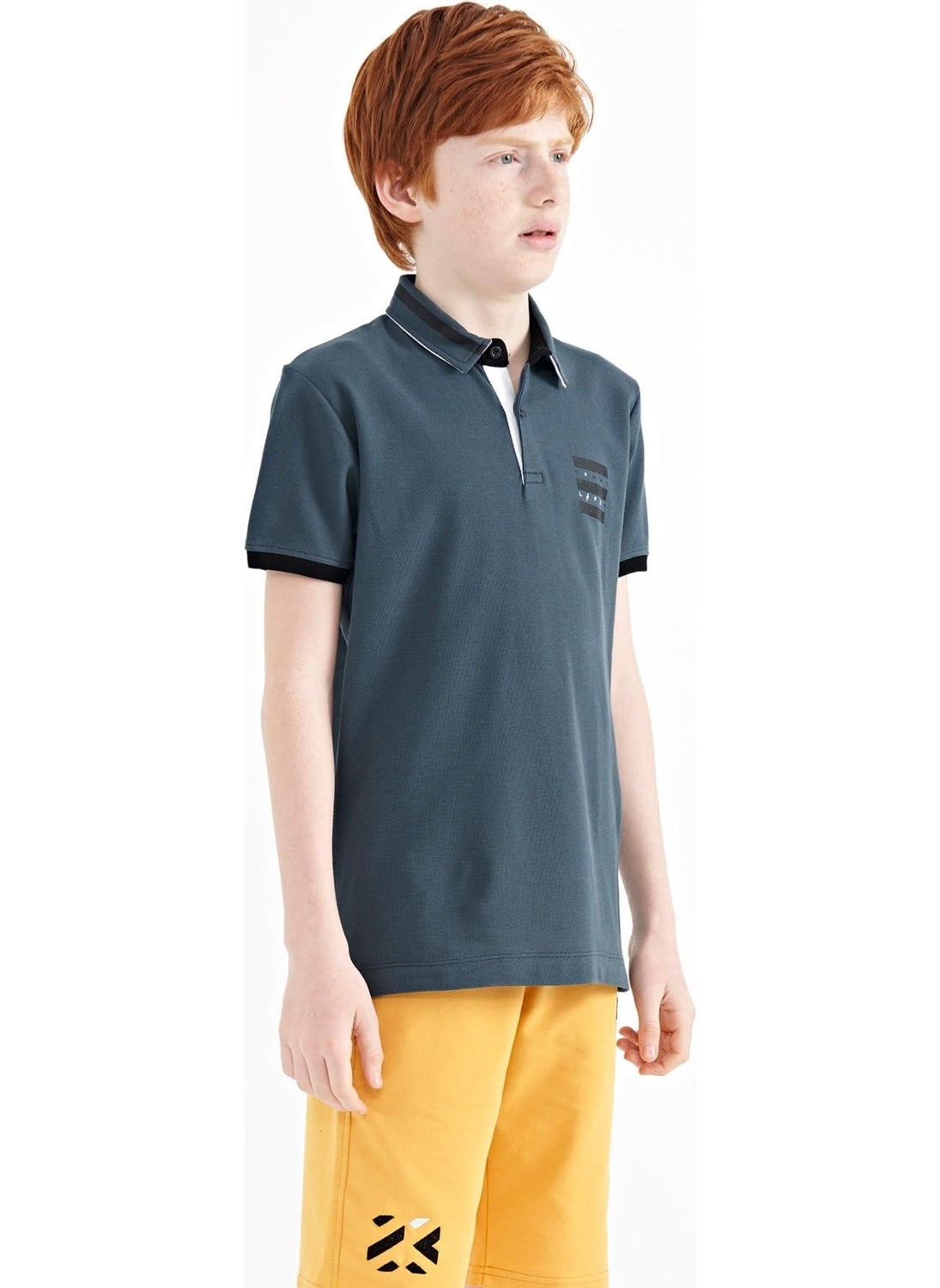 Forest Green Collar Color Block Print Detailed Standard Size Boy T-Shirt - 11111