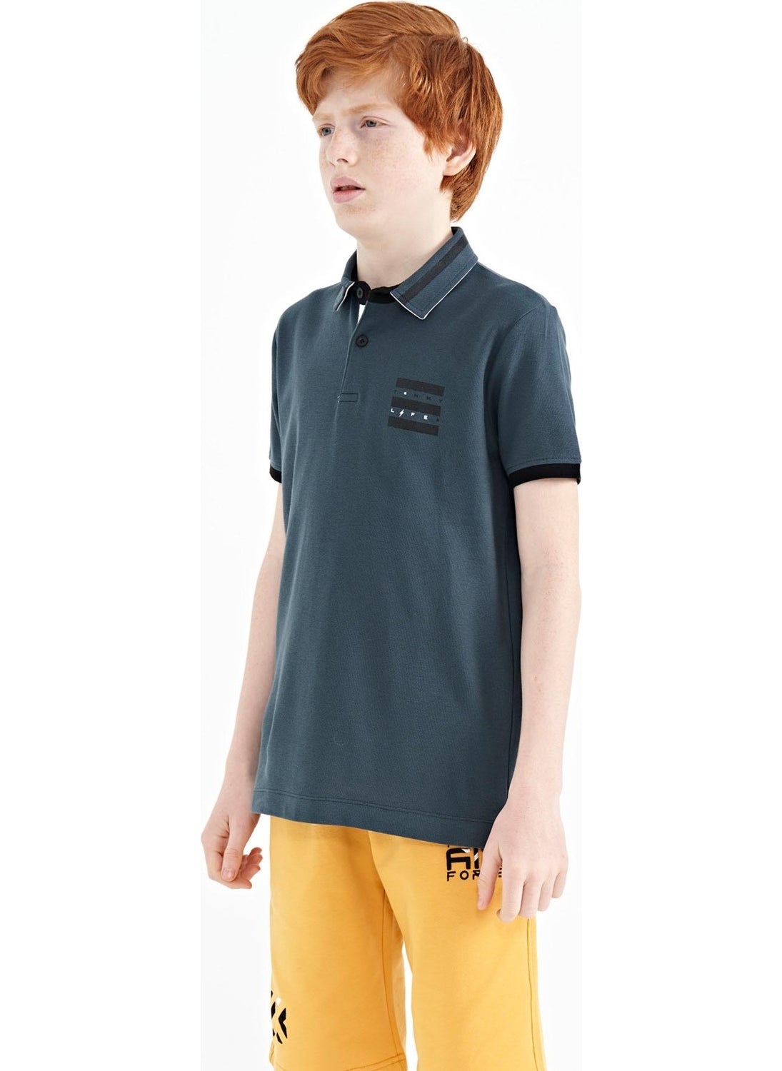 Forest Green Collar Color Block Print Detailed Standard Size Boy T-Shirt - 11111