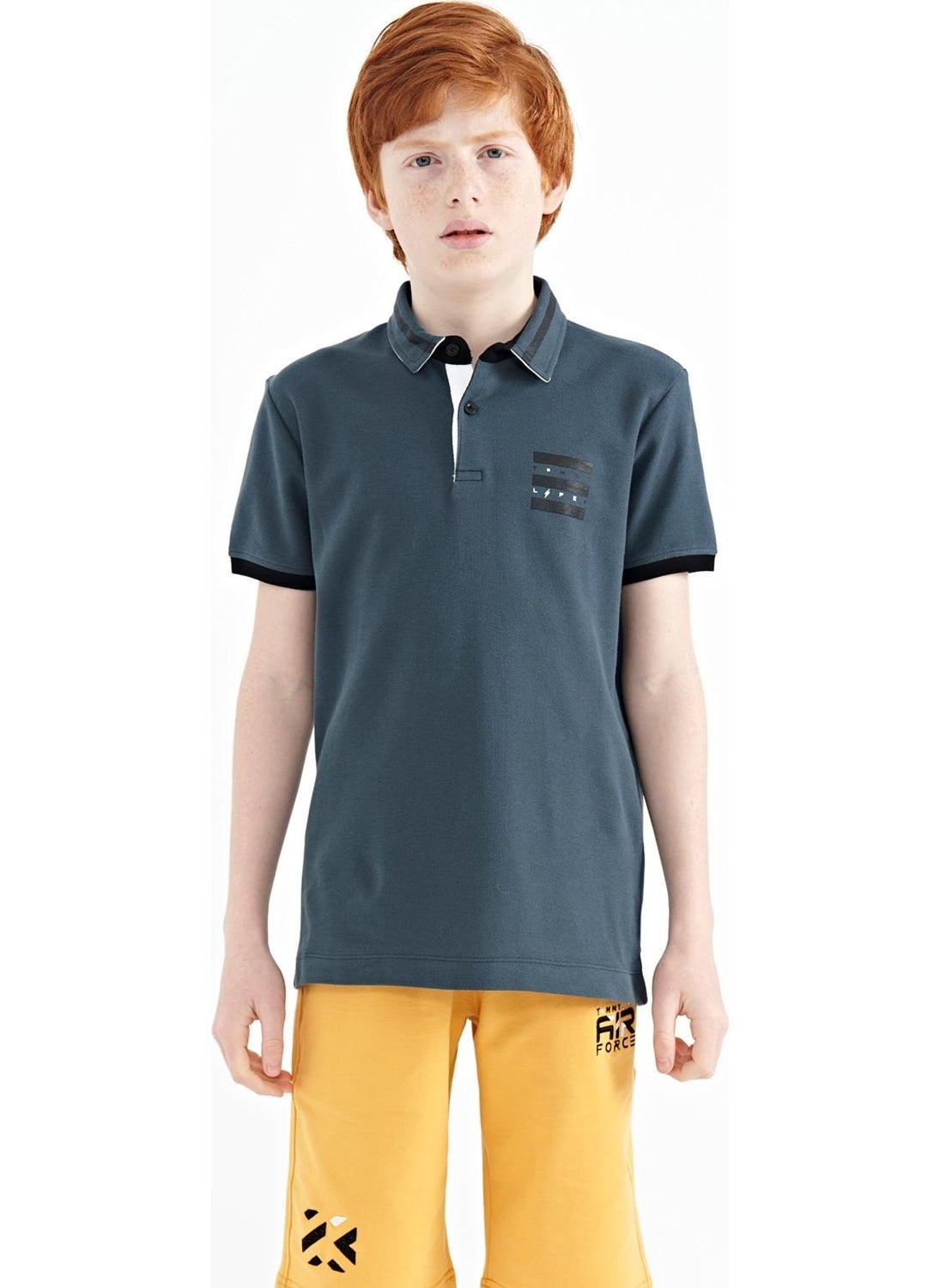 Forest Green Collar Color Block Print Detailed Standard Size Boy T-Shirt - 11111