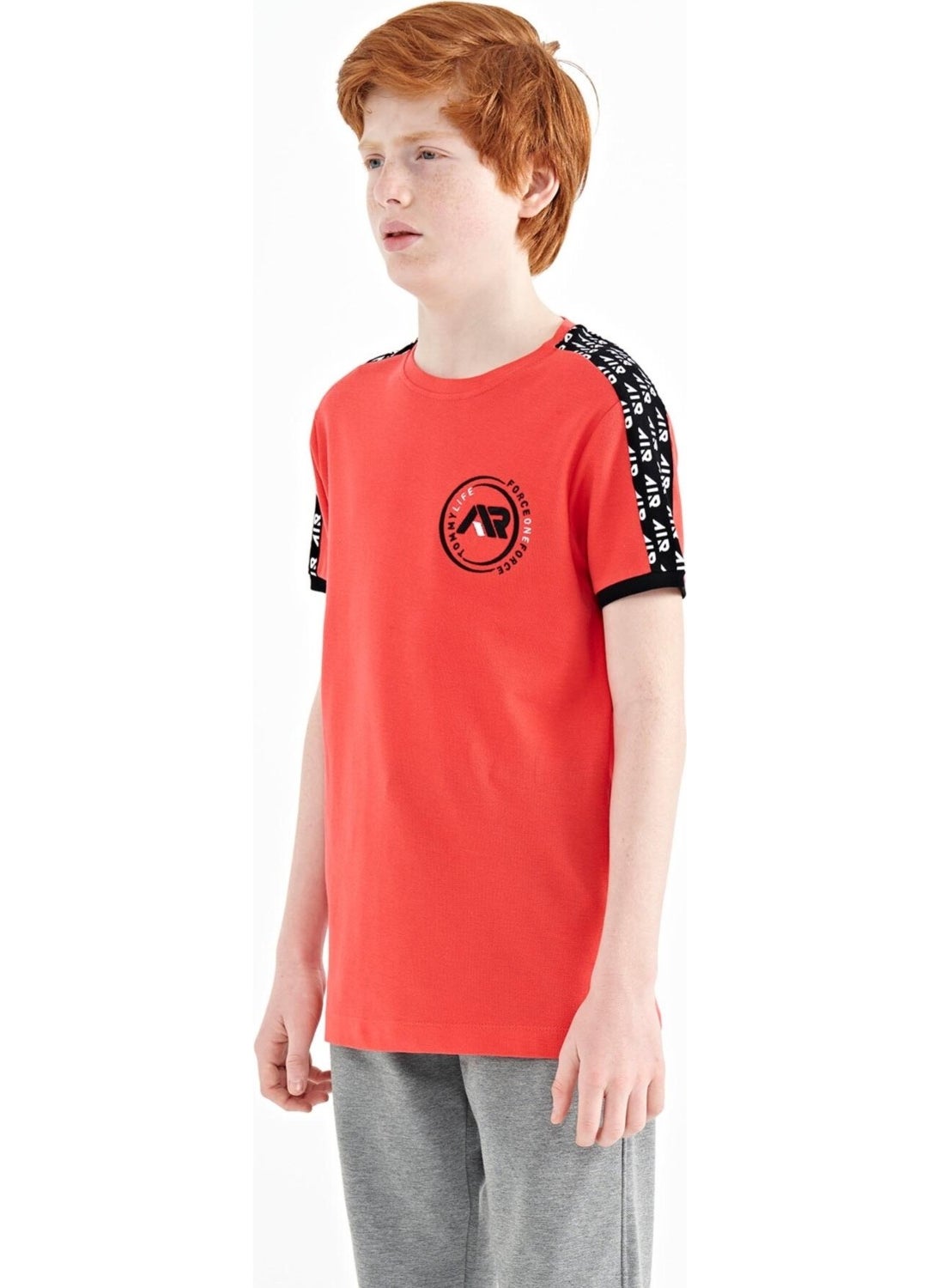 Coral Shoulder Print Detailed Standard Pattern O Neck Boy T-Shirt - 11121