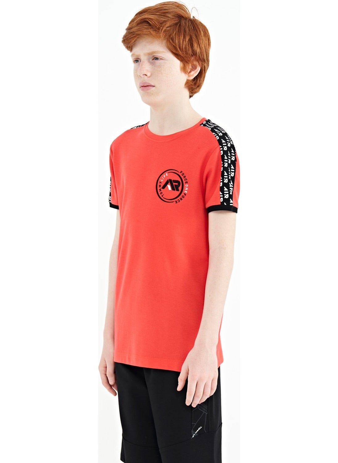 Coral Shoulder Print Detailed Standard Pattern O Neck Boy T-Shirt - 11121