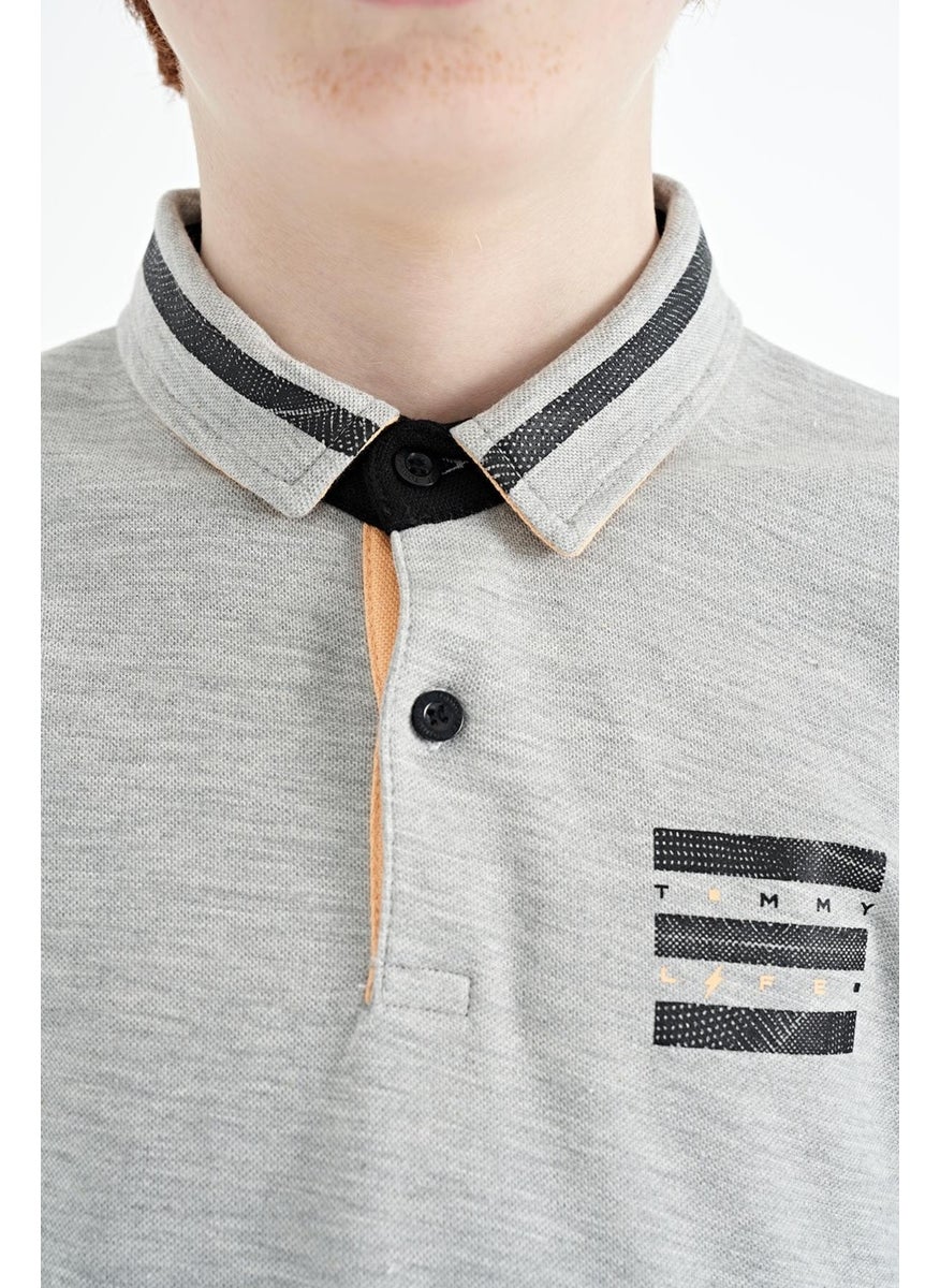 Gray Melange Collar Color Block Print Detailed Standard Size Boy T-Shirt - 11111