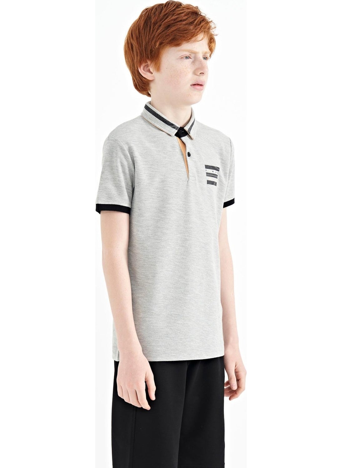 Gray Melange Collar Color Block Print Detailed Standard Size Boy T-Shirt - 11111