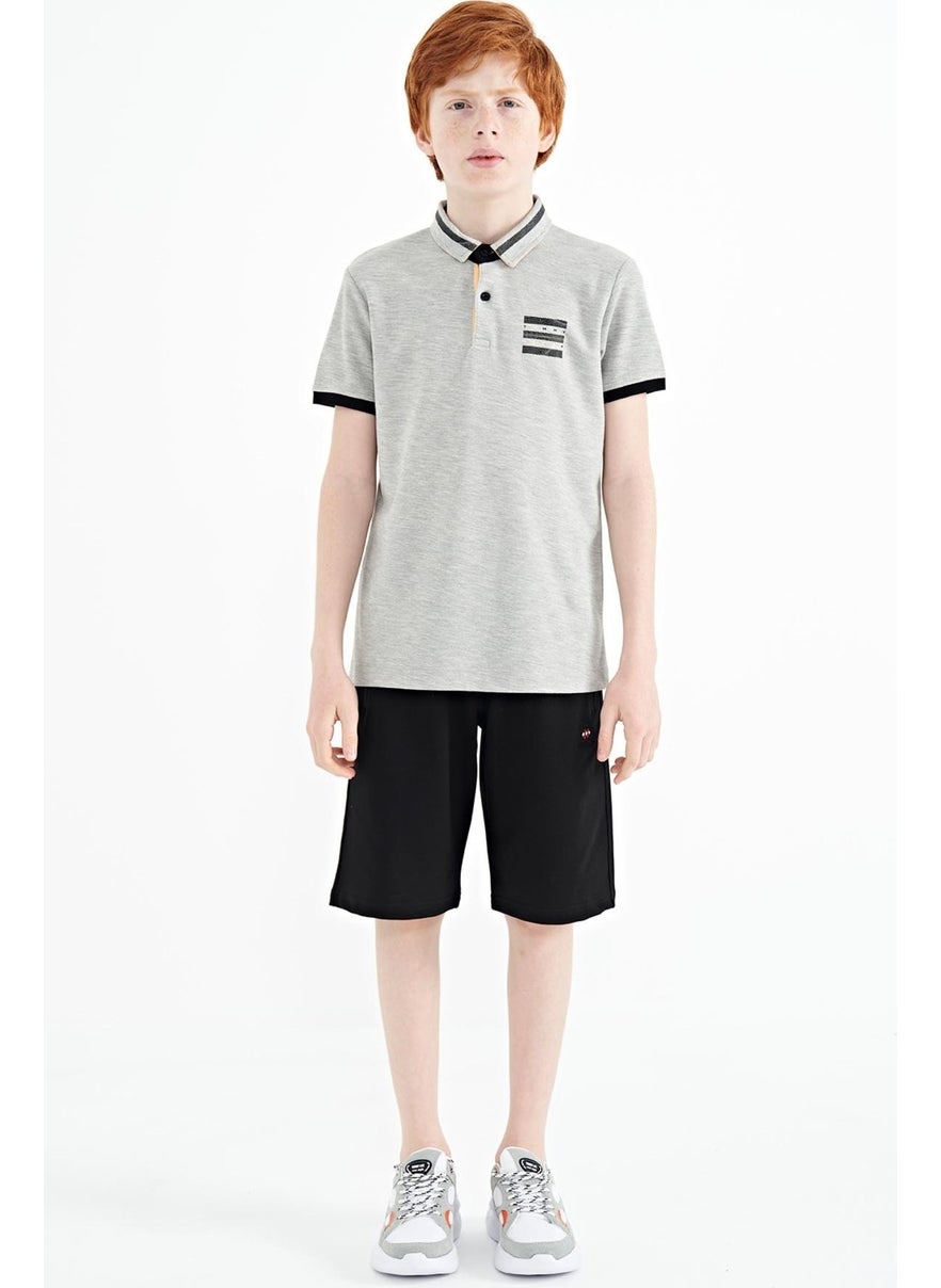 Gray Melange Collar Color Block Print Detailed Standard Size Boy T-Shirt - 11111