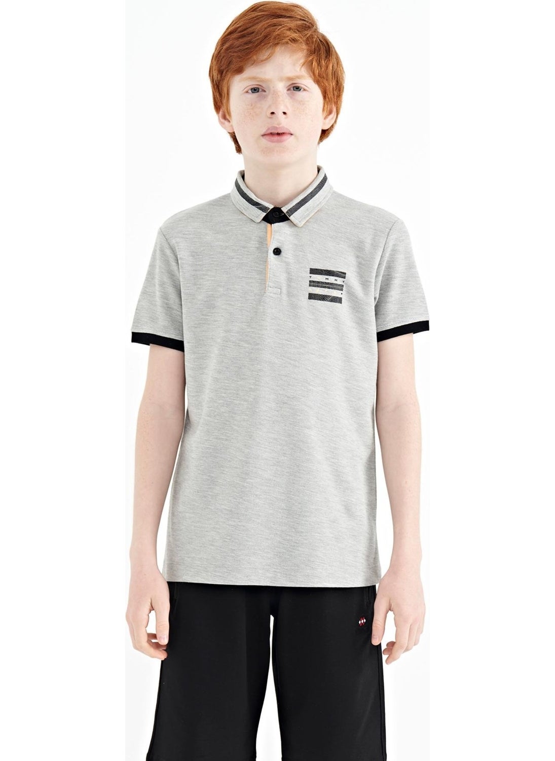 Gray Melange Collar Color Block Print Detailed Standard Size Boy T-Shirt - 11111
