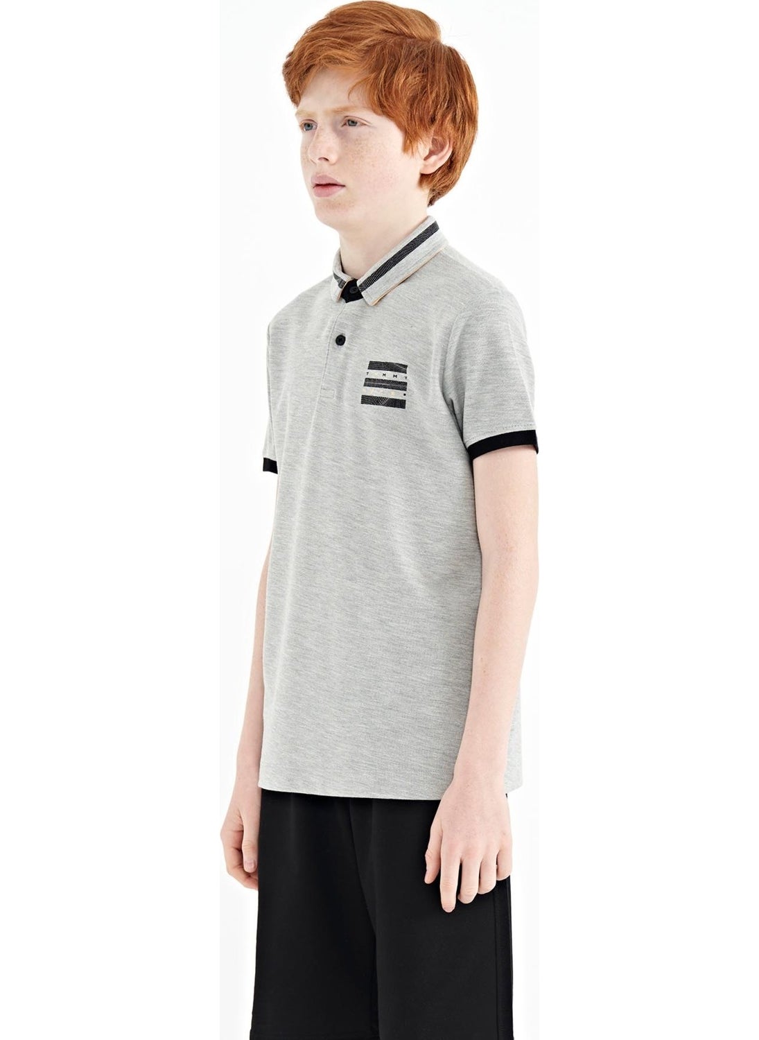 Gray Melange Collar Color Block Print Detailed Standard Size Boy T-Shirt - 11111