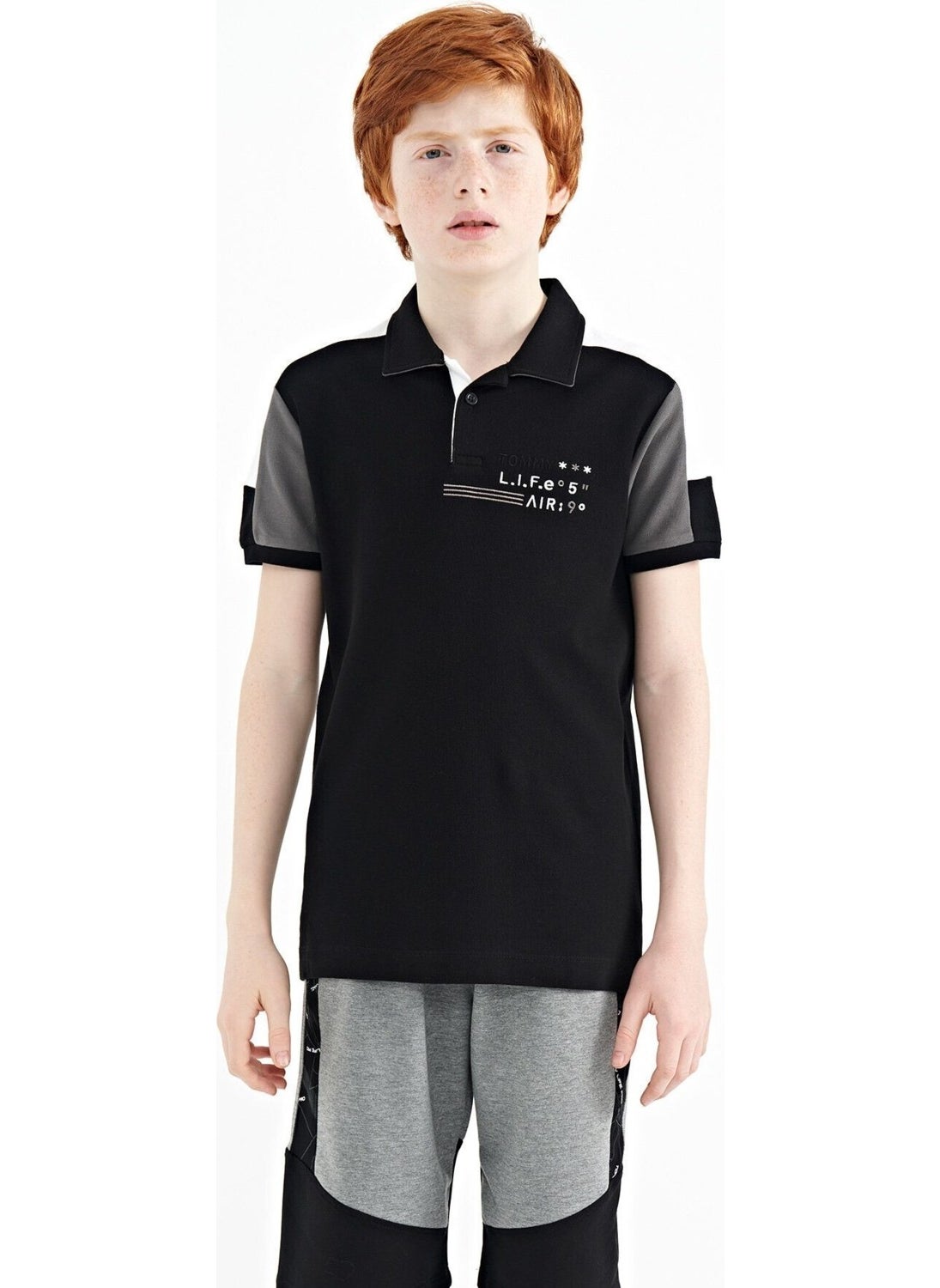 Black Color Block Shoulder Garni Detailed Standard Size Boy T-Shirt - 11155
