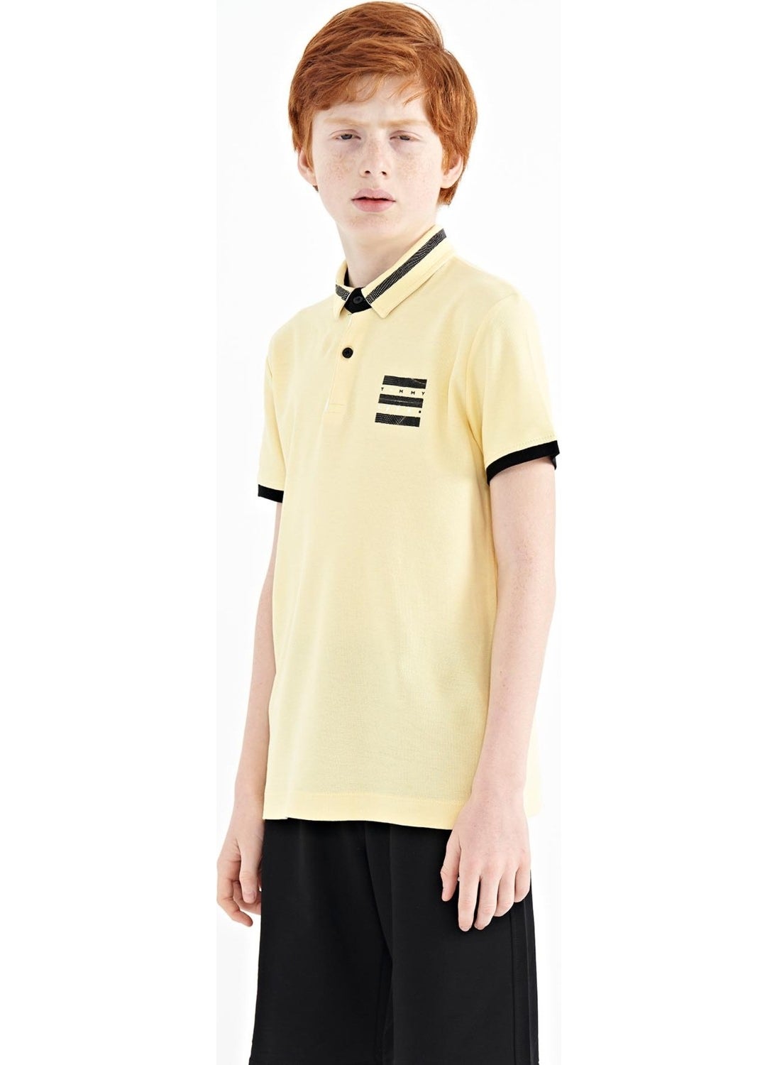 Yellow Collar Color Block Print Detailed Standard Size Boy T-Shirt - 11111