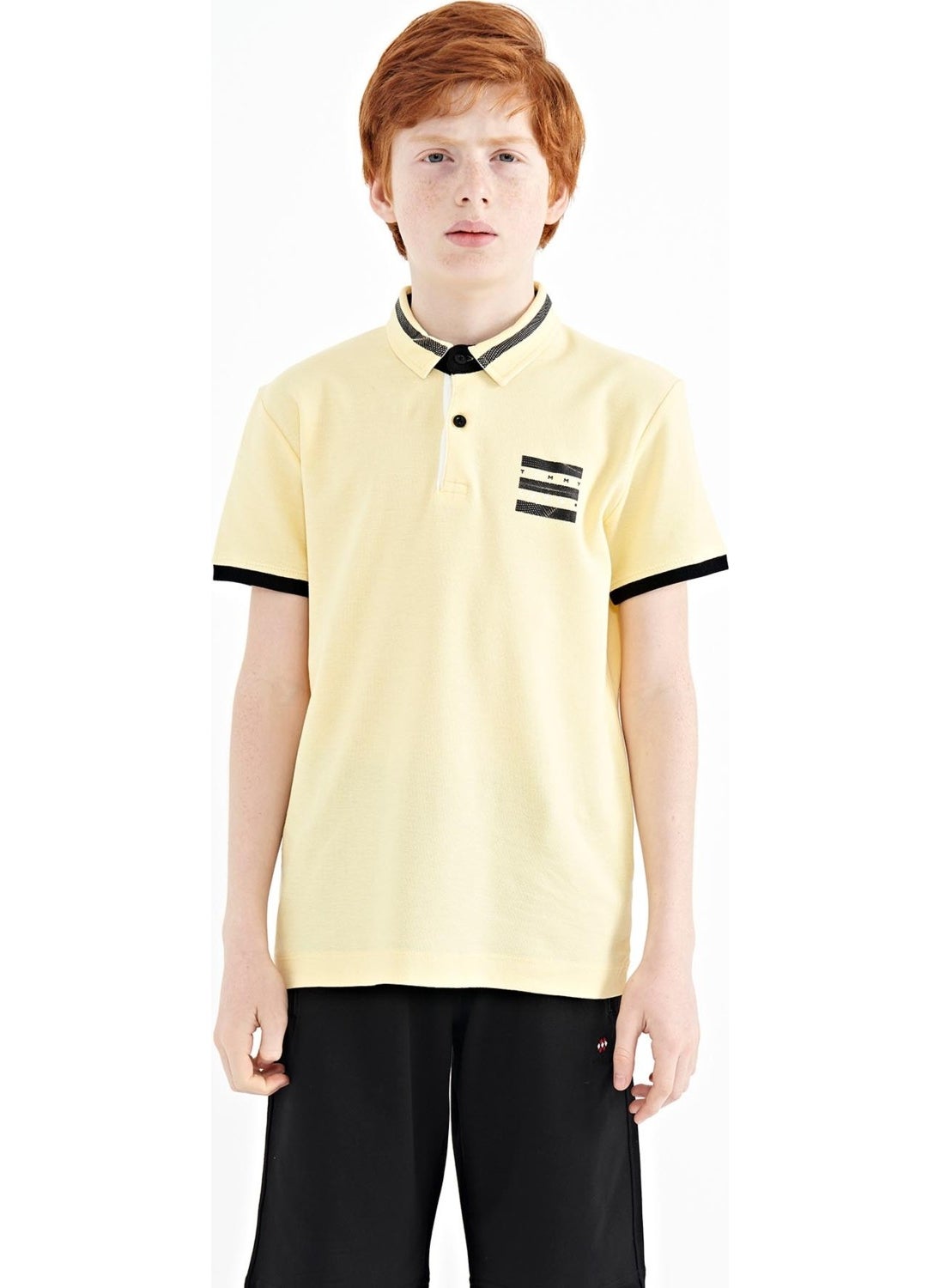 Yellow Collar Color Block Print Detailed Standard Size Boy T-Shirt - 11111