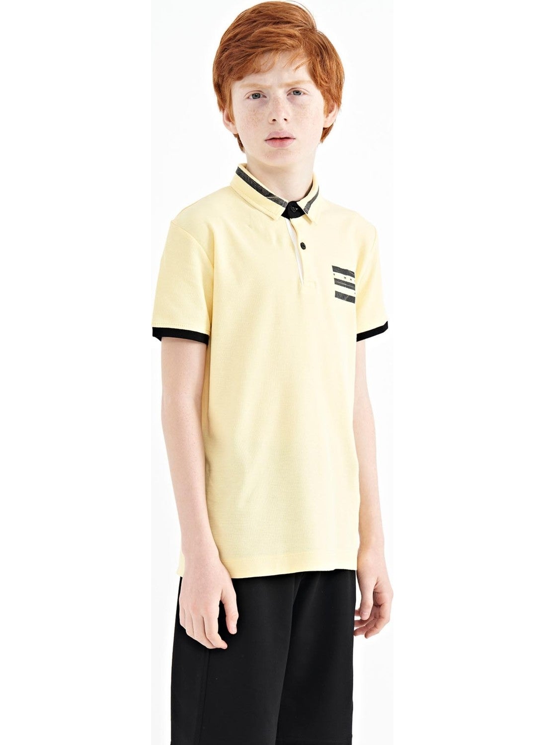 Yellow Collar Color Block Print Detailed Standard Size Boy T-Shirt - 11111