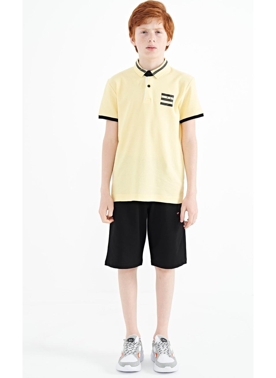 Yellow Collar Color Block Print Detailed Standard Size Boy T-Shirt - 11111