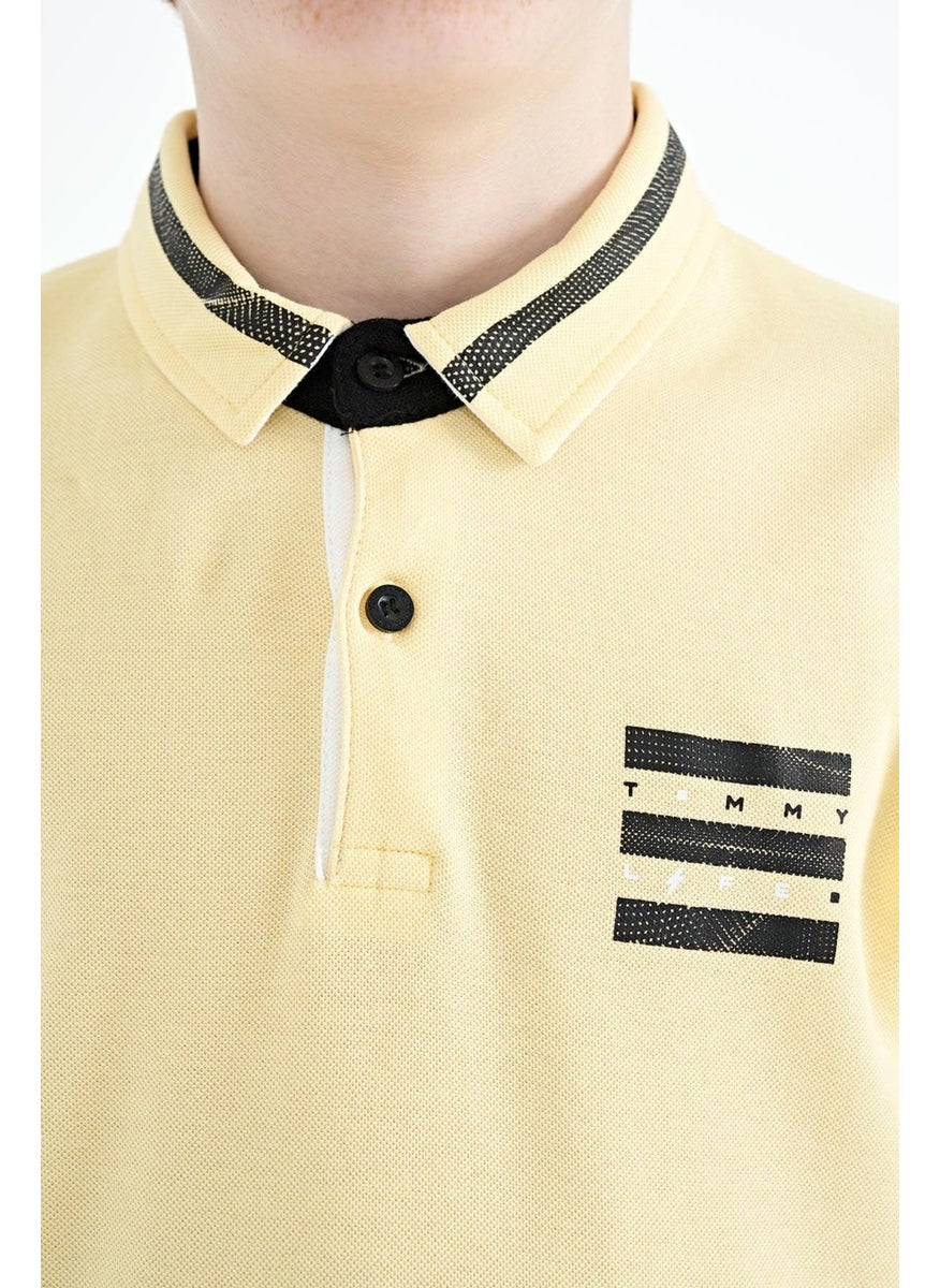 Yellow Collar Color Block Print Detailed Standard Size Boy T-Shirt - 11111