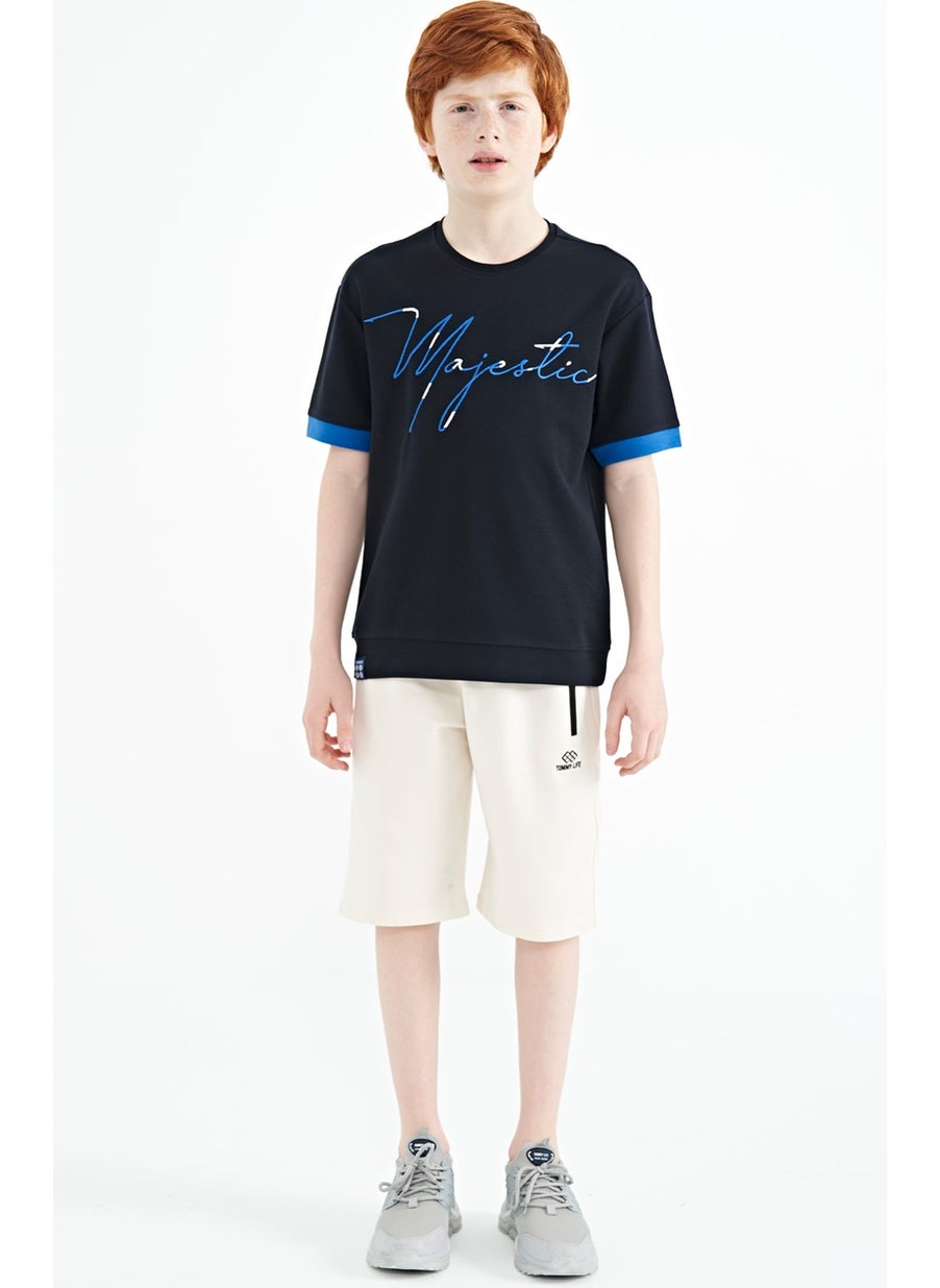 Navy Blue Front Embroidered O Neck Oversize Boy T-Shirt - 11147