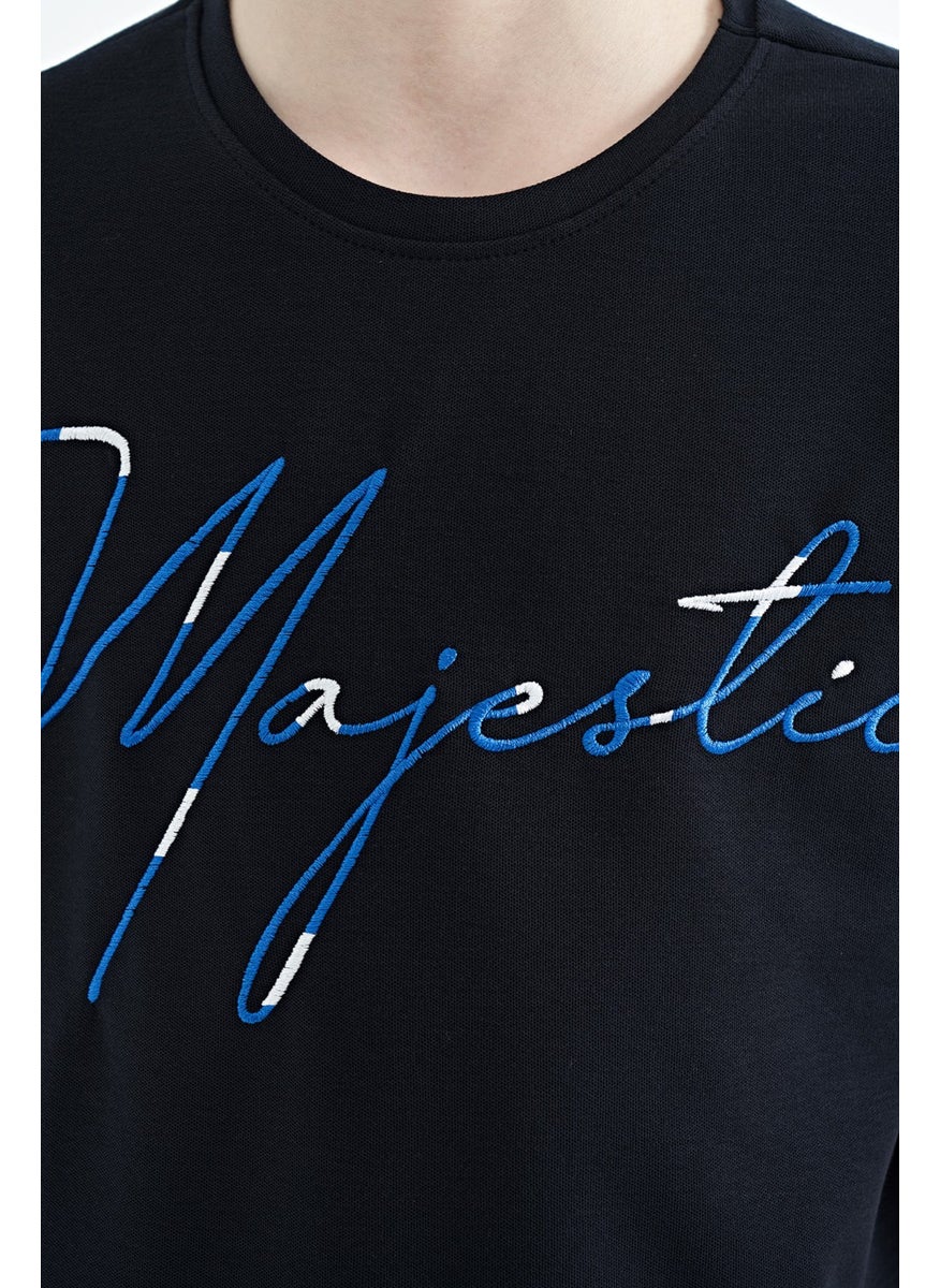 Navy Blue Front Embroidered O Neck Oversize Boy T-Shirt - 11147
