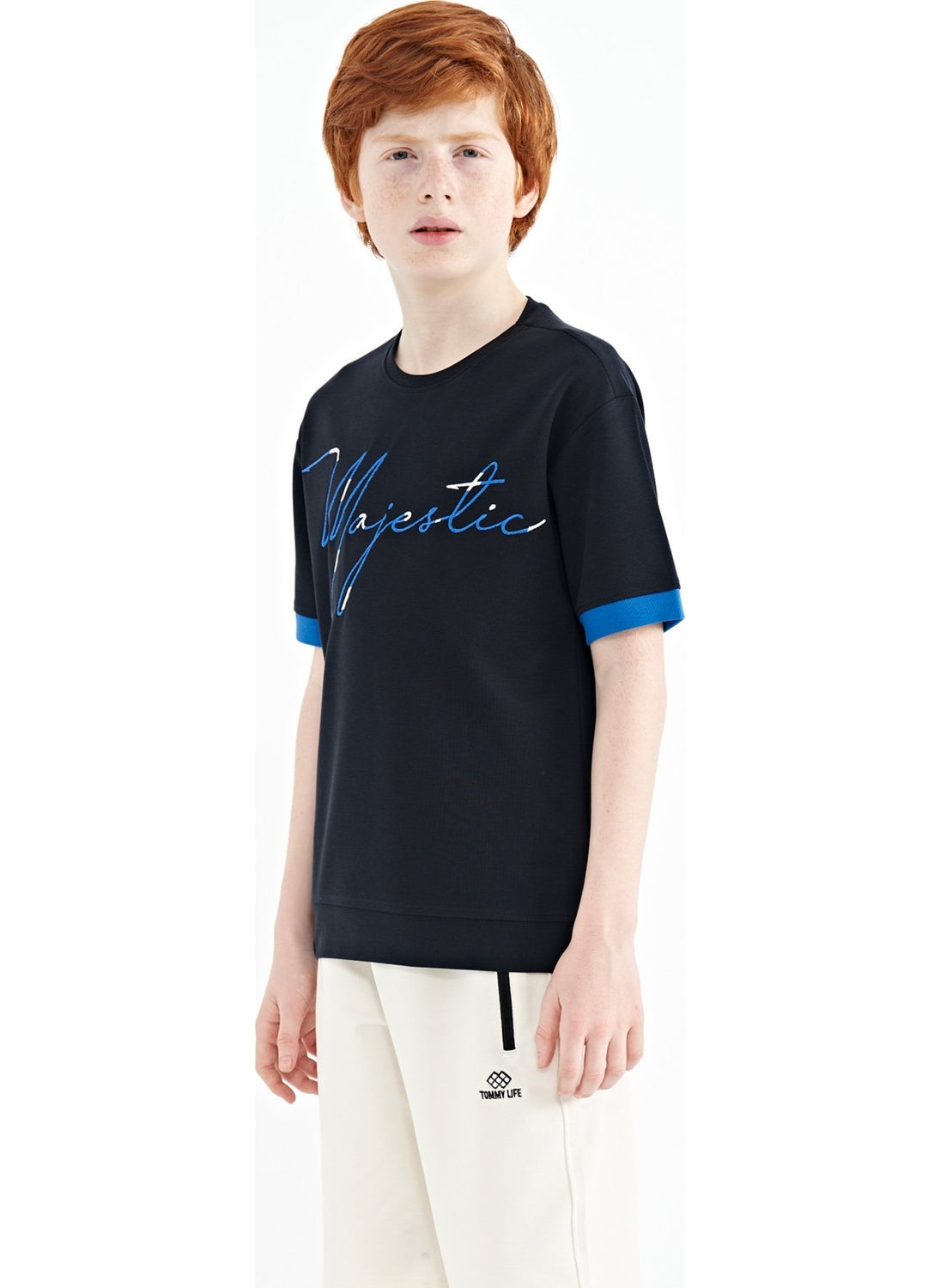 Navy Blue Front Embroidered O Neck Oversize Boy T-Shirt - 11147
