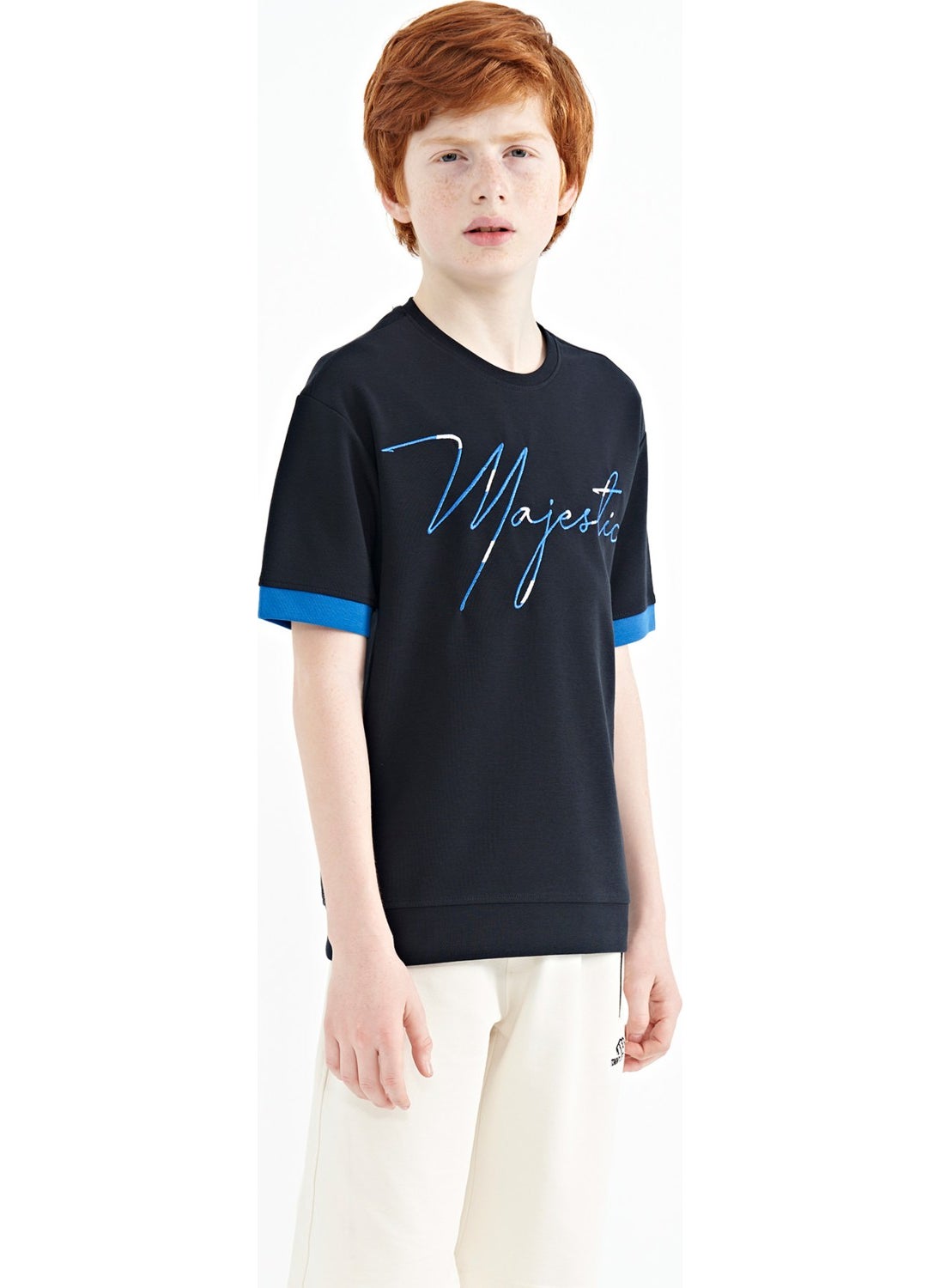 Navy Blue Front Embroidered O Neck Oversize Boy T-Shirt - 11147